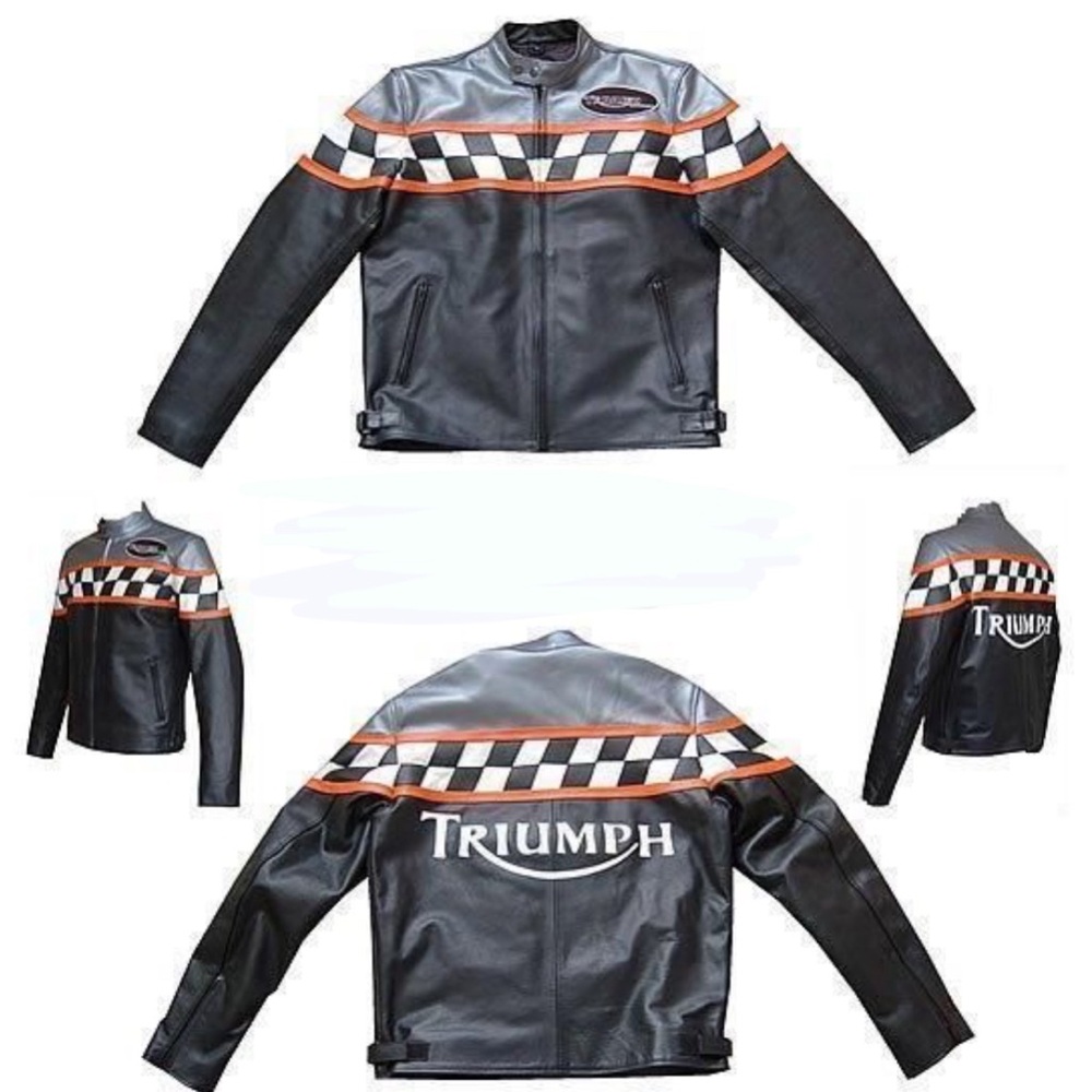 Triumph Motorcycle Racing leather trimmed jacket in XXL with checkered pattern